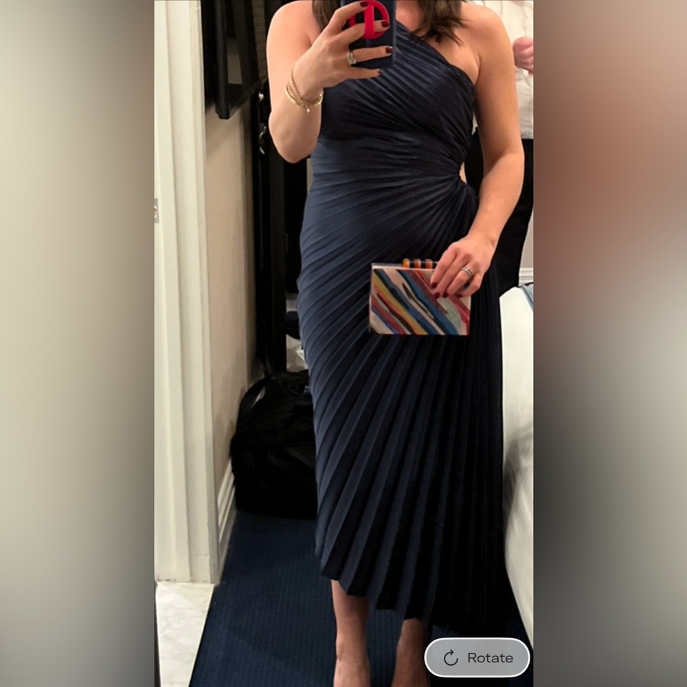 Navy blue Asymmetrical Pleated Dress - one shoulder
